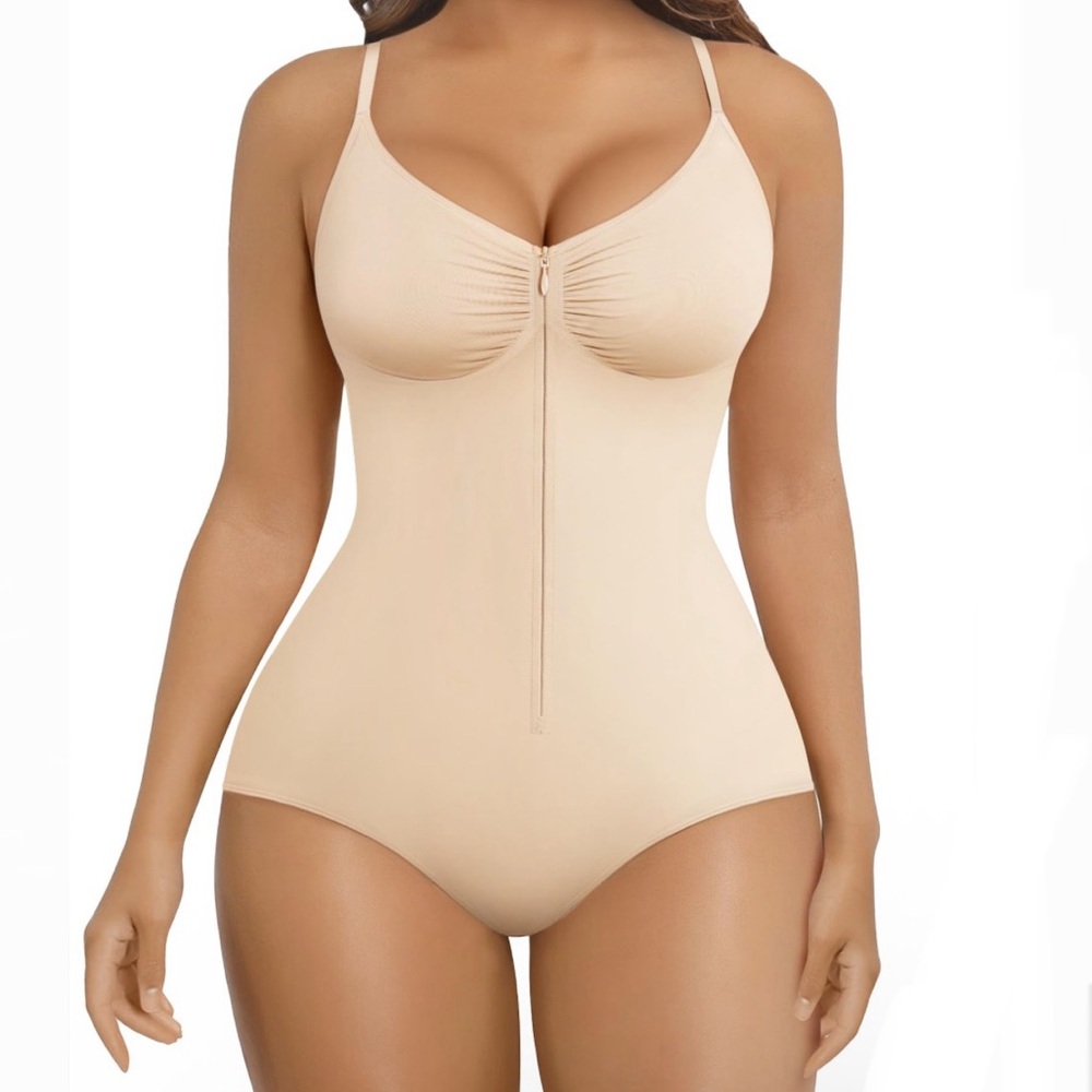 ShaperX Women’s Zip Front Bodysuit Shapewear Beige S/M